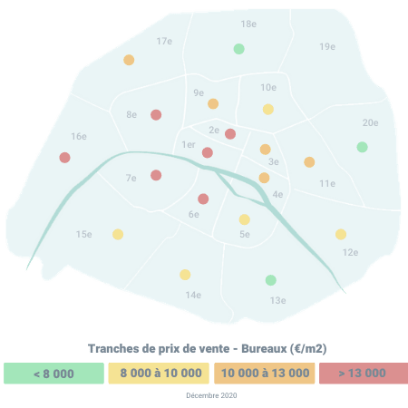 Carte tranche de prix bureaux achat Paris