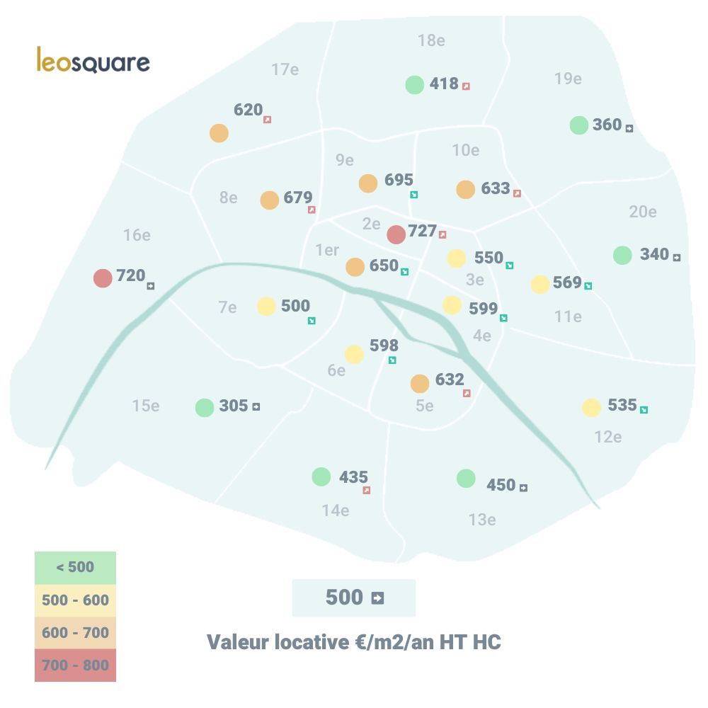 Carte des loyers de bureaux à Paris