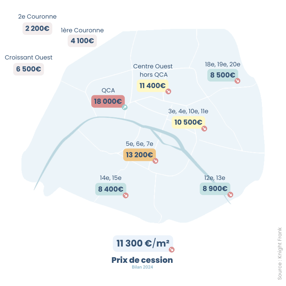 Carte prix cession m2 bureaux vides Paris