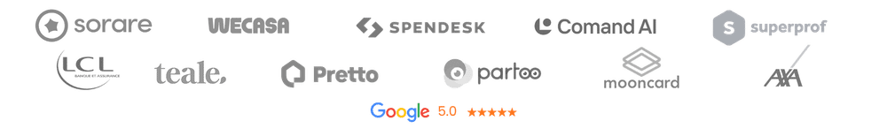 Ils nous font confiance : Sorare, Pretto, VO2, Partoo, Mooncard, Superprof, LCL, Teale, Wecasa, Spendesk, Comand AI, AXA…